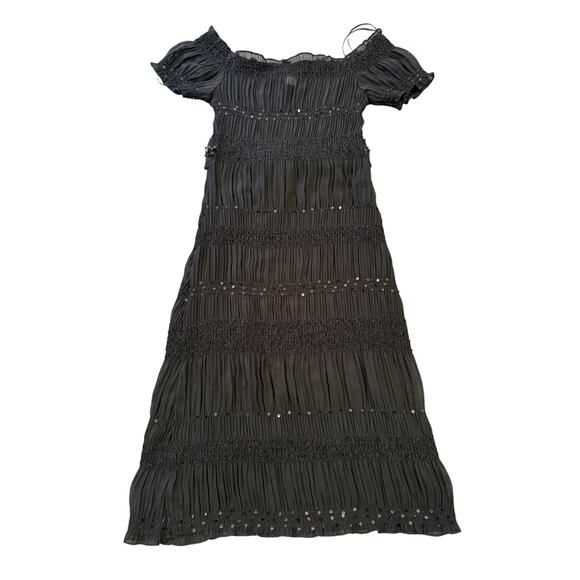 ABS Allen Schwartz Women XXS Sheer Black Sequin Beaded Tiered Ribbon Tie Dress - Picture 2 of 14